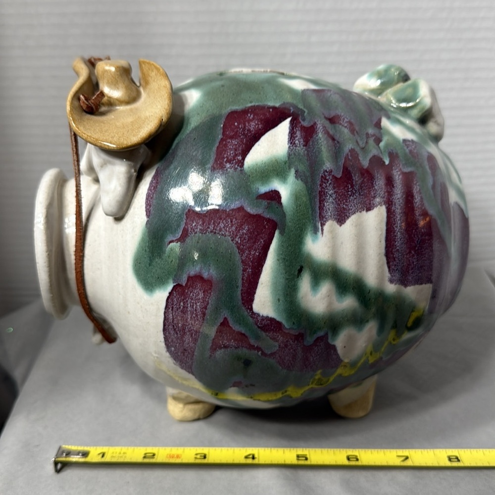 Large Vtg Pottery Studio Ceramic Art Piggy Bank Drip Glaze Cowboy Hat Multicolor - Picture 8 of 11